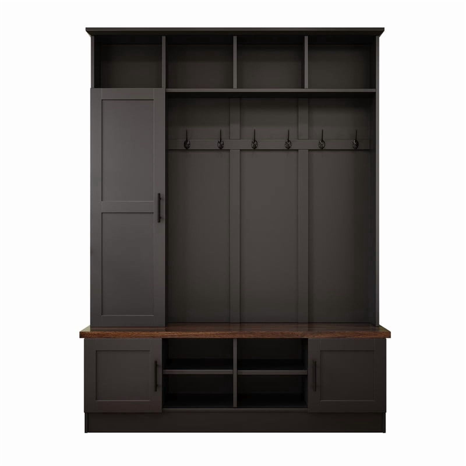 Farmhouse 3-in-1 Hall Tree with 6 Hooks, Entryway Coat Rack with Adjustable Shelves, Versatile Shoe Storage Bench with Open Cubbies