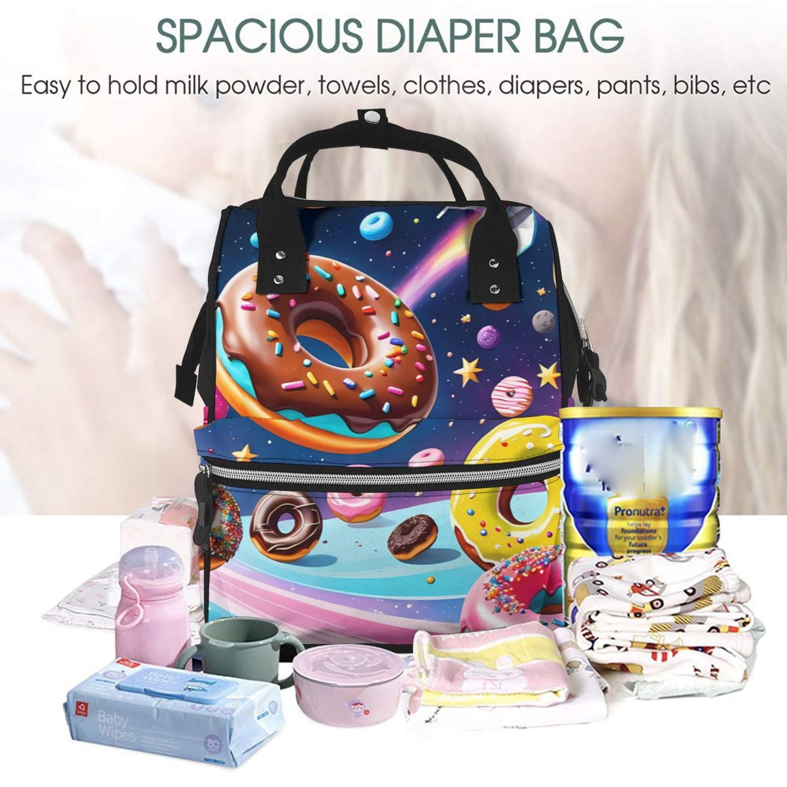 Fuzoiu Space Colorful Donut Print Diaper Bag Backpack,Baby Essentials Travel Tote,Multi function Waterproof Diaper Bag, Travel Essentials Baby Bag - Unisex