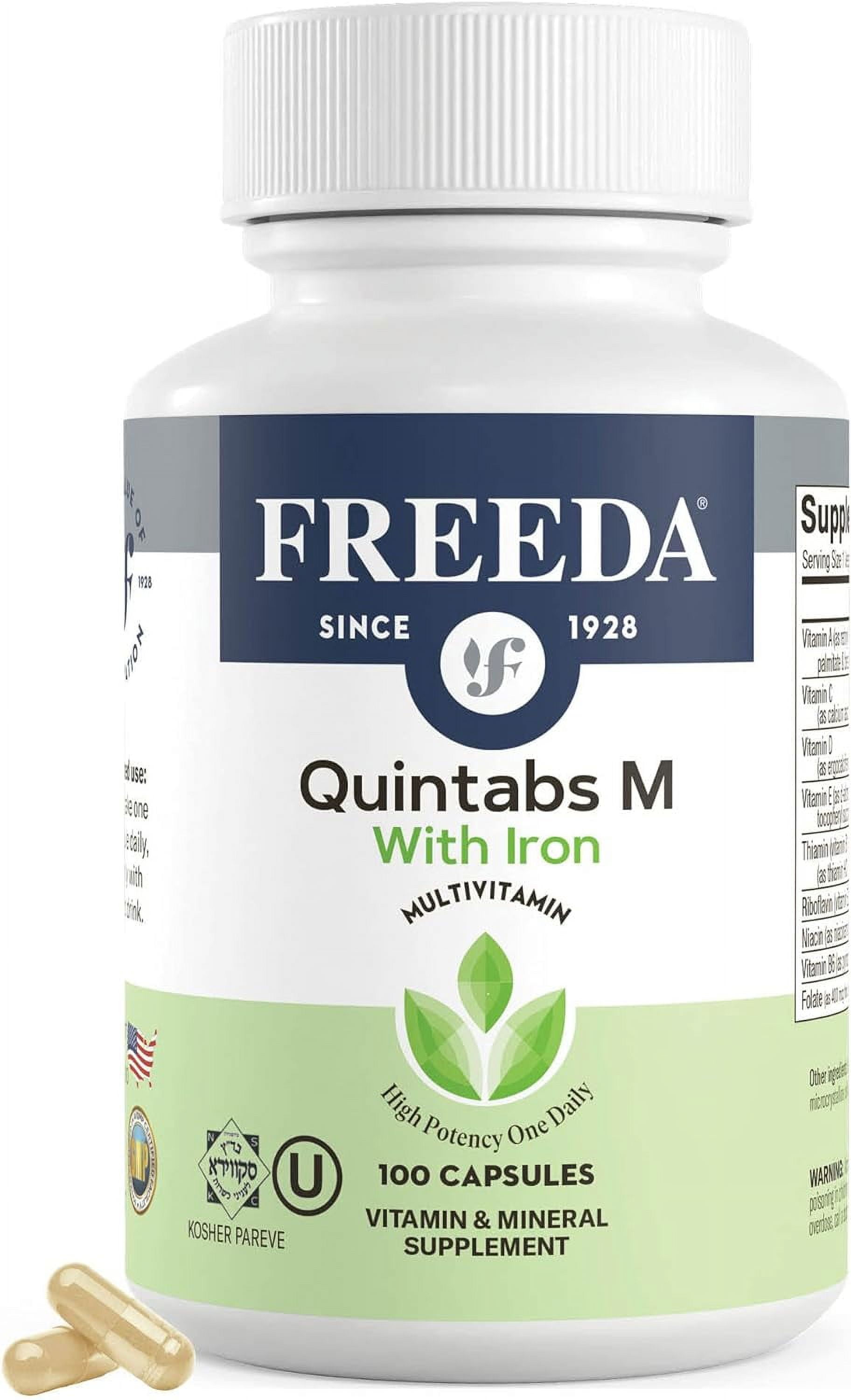 Freeda Quintabs-M with Iron – One Daily Multivitamin for Women & Men – High Potency – Kosher – 100 Ct