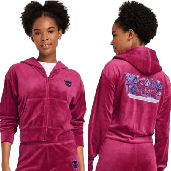 Women's Wakanda Forever Velour Graphic Zip-Up Hoodie - (Berry Red, Large)