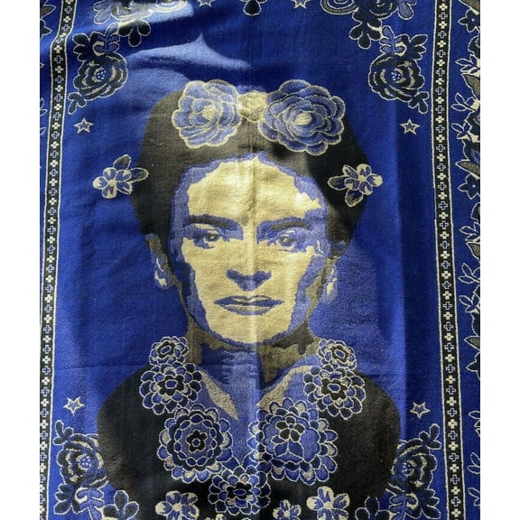 Mexican Pashmina Shawl Scarf Wrap Artist Frida Kahlo Blue Navy Reversible Rare New