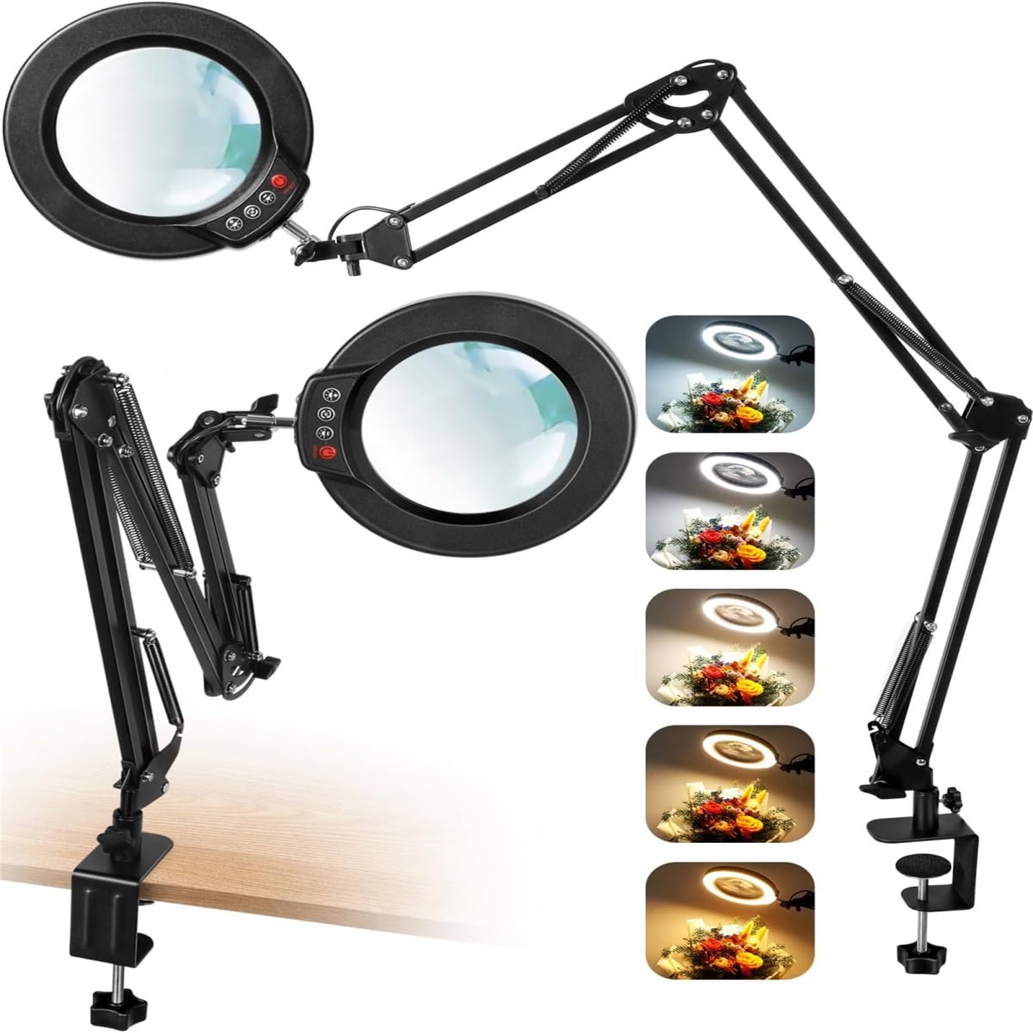 Magnifying Glass with Light and Clamp, Ultra Long 3 Section Swing Arm LED Desk Lamp, Real Glass Lens, 5 Color Modes Dimmable, Hands Free Lighted Magnifier with Stand for Repair Craft Close Work