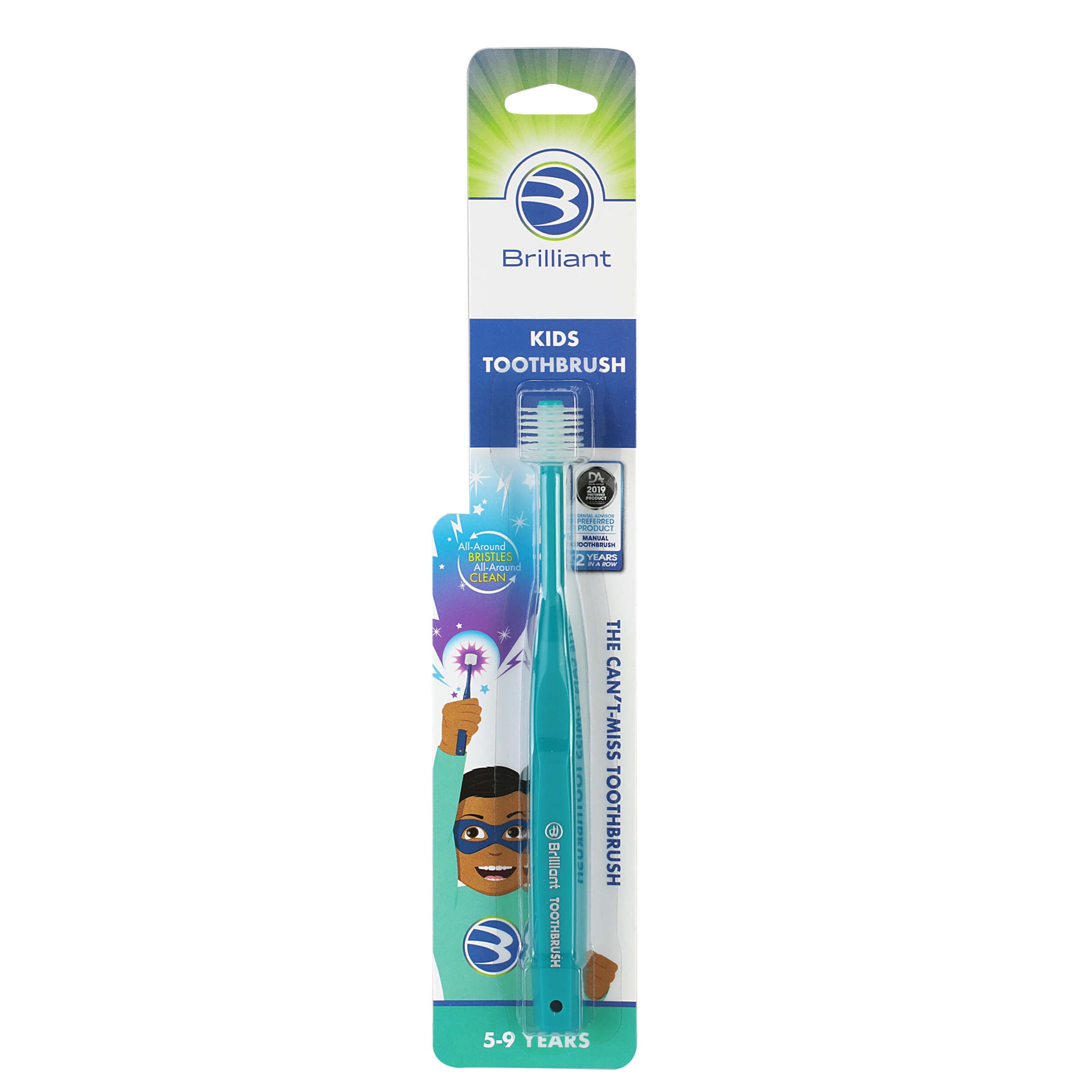 Brilliant Kids Toothbrush for Ages 5-9 Years, Round Head, Microfiber Bristles Clean All-Around Mouth, Teal, 1 Pack