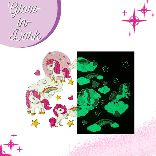 Glow in The Dark Unicorn Wall Decals(Purple) - Quality Peel and Stick Vinyl Stickers - Wall Decor for Kids & Classroom – Set of 96 Glowing Unicorns, Rainbows, Hearts, & Stars