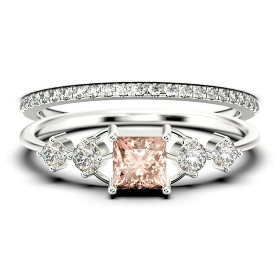 Anniversary Ring Minimalist 1.25 Carat Princess Cut Morganite And Diamond Moissanite Engagement Ring, Dainty Wedding Ring in 925 Sterling Silver With 18k White Gold Plating, Bridal Set, Matching Band
