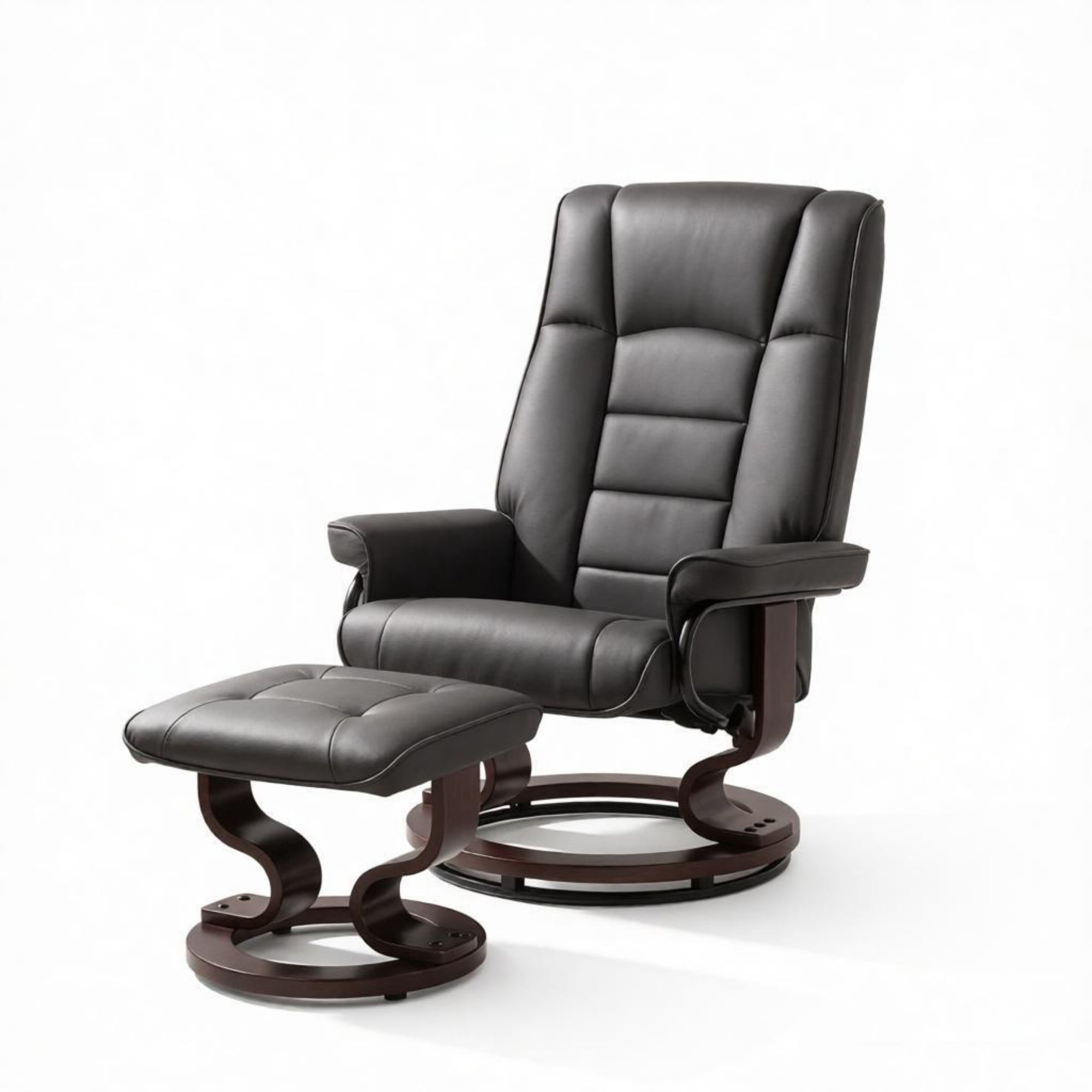 Faux Leather Reclining Chair with Ottoman, Manual Recliner with Tufted Back and Wood Frame, Brown