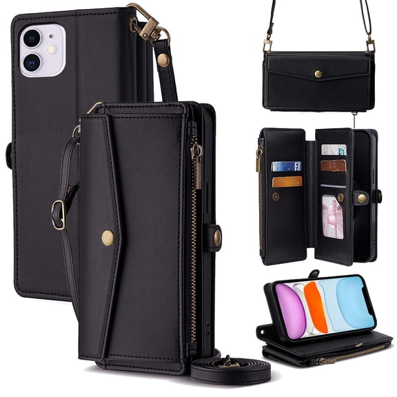 Crossbody Wallet Case for iPhone 12 Pro / 12, with RFID Blocking Card Holder, PU Leather Zipper Wallet Detachable Magnetic Phone Case,Shockproof Protective Cover with pocket Credit Card Slots,Black