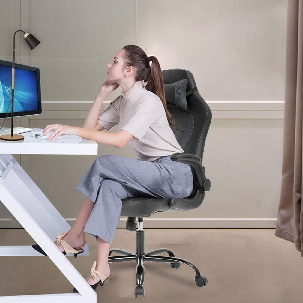 YRLLENSDAN Gaming Chairs，Office Gaming Chair with Lumbar Support Flip Up Arms Headrest Swivel Rolling Adjustable Computer Chair Racing Chair Gaming Chair for Adults Teens, Grey