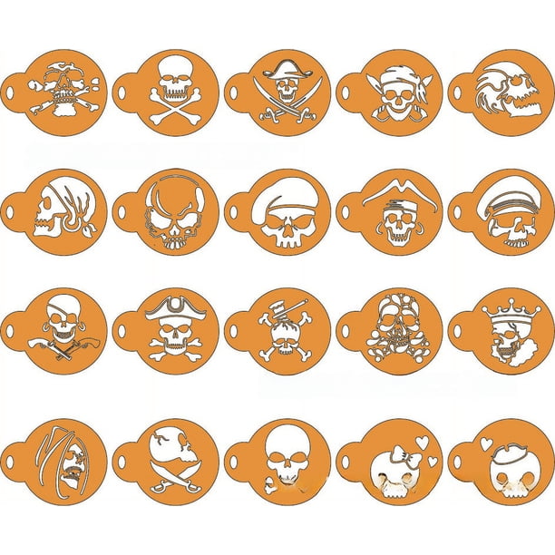 Juego de 20 piezas de galletas de café con forma de flor, plantilla hueca de calavera, plantilla de espuma extraída para café, uso versátil