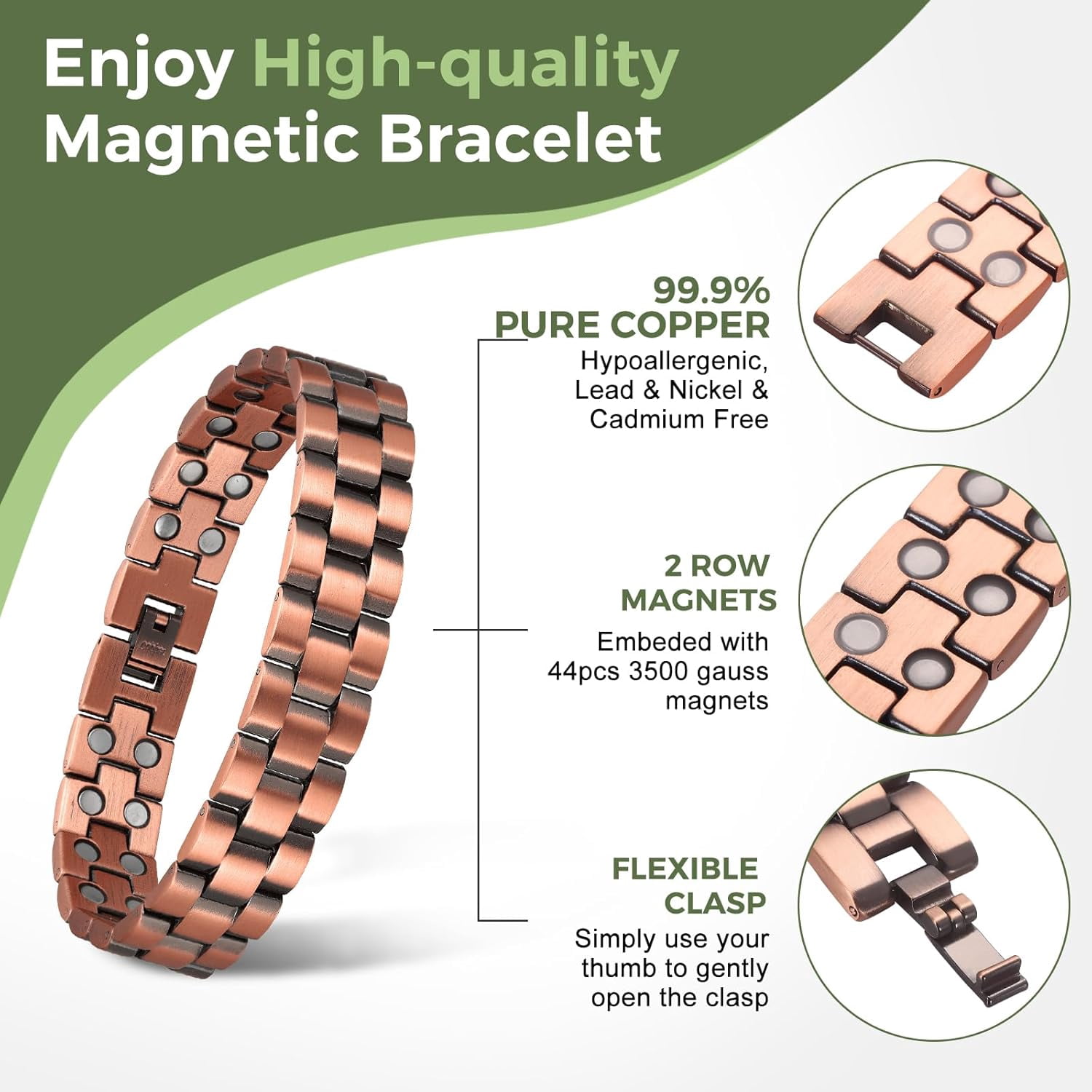 Wollet Copper Magnetic Bracelet for Men, 99.9% Pure Copper Jewelry Gifts, Set of 2
