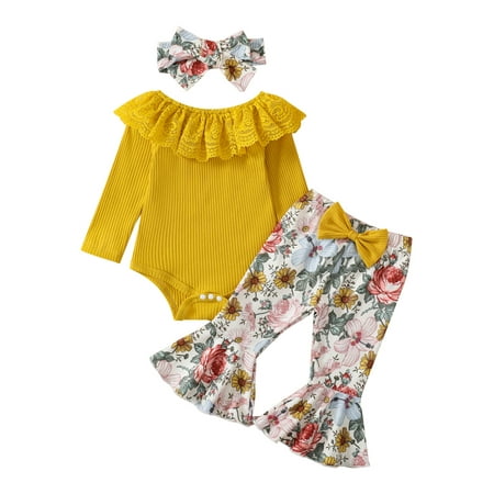 

Coduop Toddler Baby Girl Outfits Romper Floral Print Flare Pants Headband Set