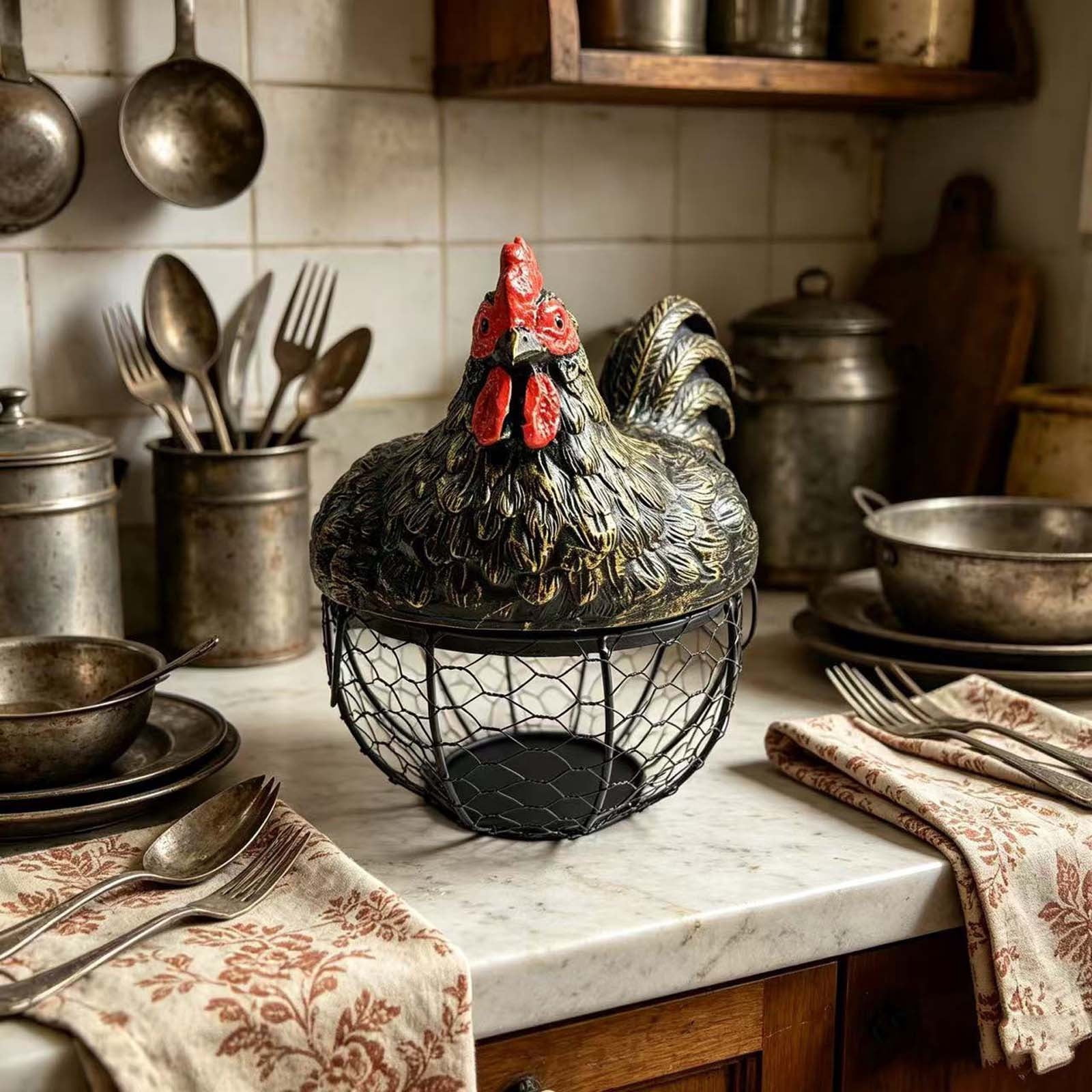 Hen Shape Egg Rack, Wire Egg Basket Fruit Basket, Storage Decoration, Kitchen Storage Decoration 8cm (Black)