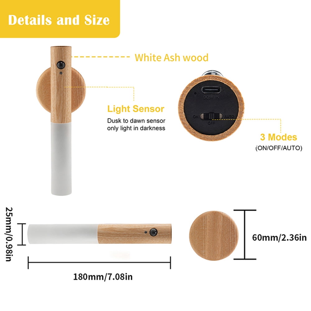 LANDGOO Auto PIR Motion Sensor Night Light LED Magnetic Wall Light Rechargeable Intelligent Wood Wall Kitchen Cabinet Wardrobe Lamp (White Ash Wood)