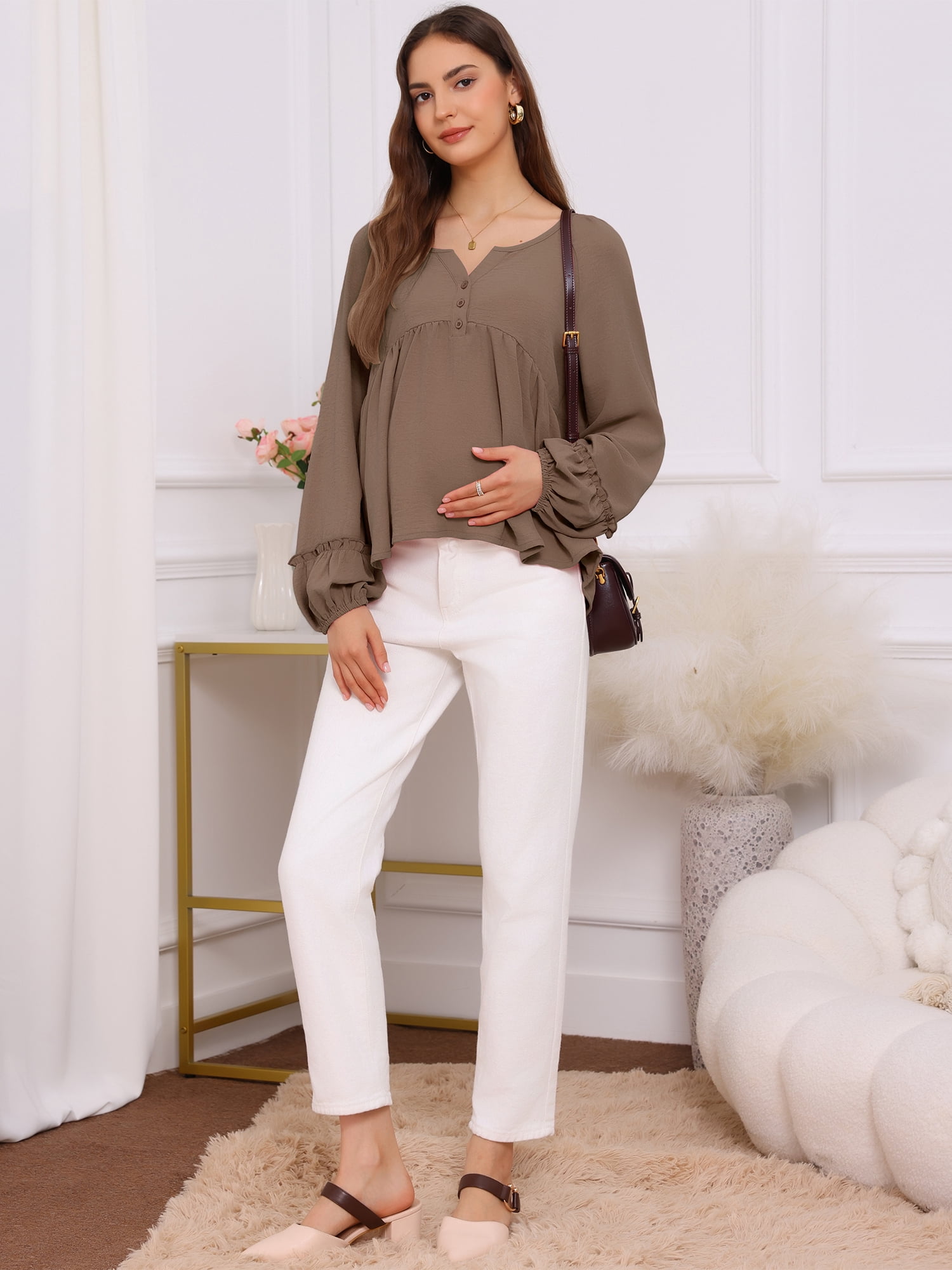 DARING DIVA Women's Maternity Empire Waist Babydoll Lantern Sleeve Blouse 2XL Brown