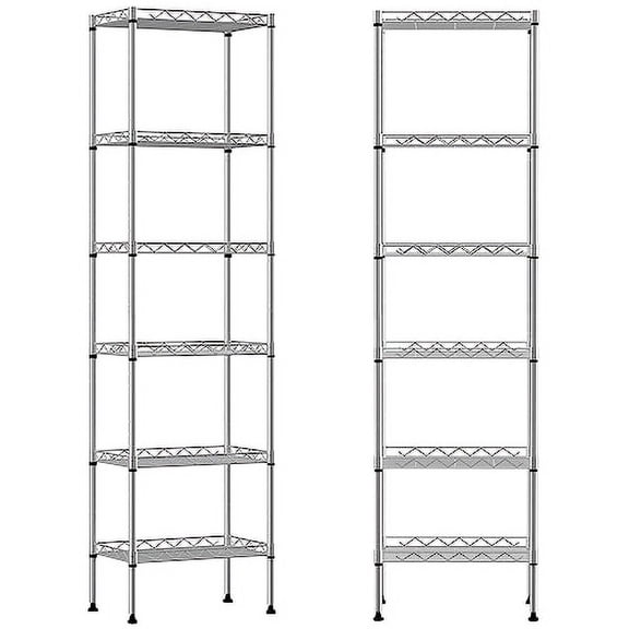 6-Tier Storage Shelves, Pantry Mental Storage Rack/Kitchen Standing Wire Shelf/Garage Shelving, Commercial Wire Shelving Unit 16.7" W x 11.8" D for Tight Place (Chrome)