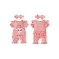 thumbnail image 2 of Cenuakty Baby Girl Ribbed Jumpsuit Short Sleeve Ruffled Hem Letter Cow Print Romper with Headband Infant Summer Clothes, 2 of 9