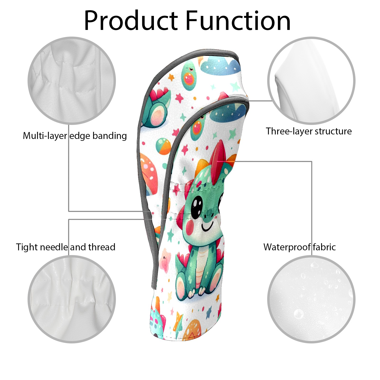 Golf Club Covers, Rainbow Cartoon Dinos Premium PU Leather Driver Hybrid Putter Head Covers with Velvet Lining, Waterproof Golf Gifts for Men Women