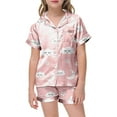 thumbnail image 5 of Kids Satin Pajama Set Girls Cute Cute Print Short Sleeve Top with Shorts Silk Button Down Pjs 2 Piece Summer Loungewear Light Pink,150, 5 of 5
