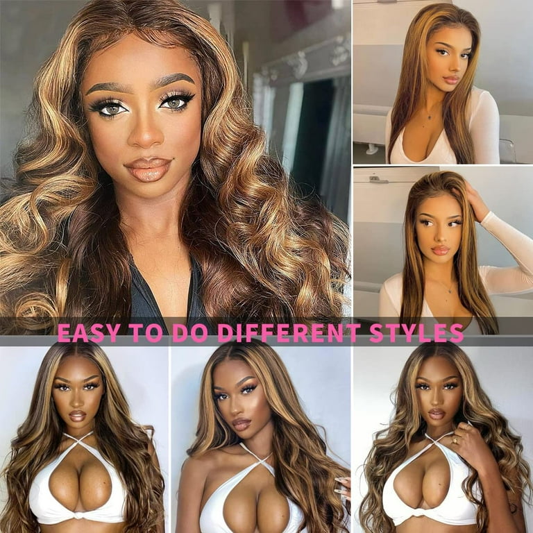  28 Inch 4/27 Highlight Ombre Lace Front Wigs Human Hair Pre  Plucked Honey Blonde 13x4 Body Wave Lace Frontal Human Hair Wigs For Black  Women with Baby Hair 180% Density