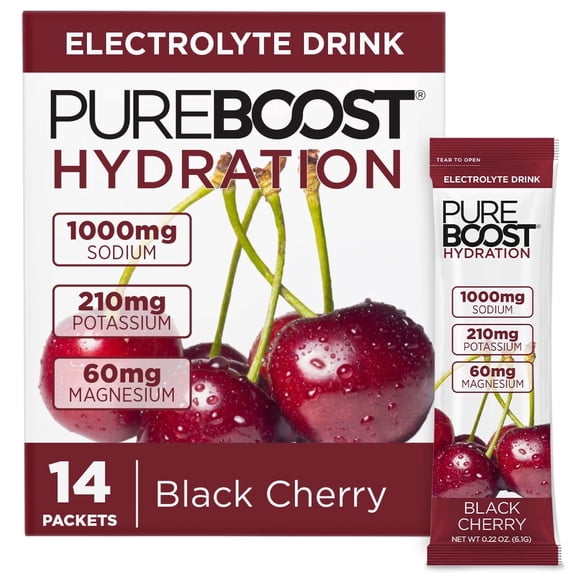 Pureboost Sugar Free Electrolyte Hydration Powder Packets – Black Cherry, 14 Count Zero Calories Fast Hydration Drink Mix with 1000mg Sodium, Potassium & Magnesium