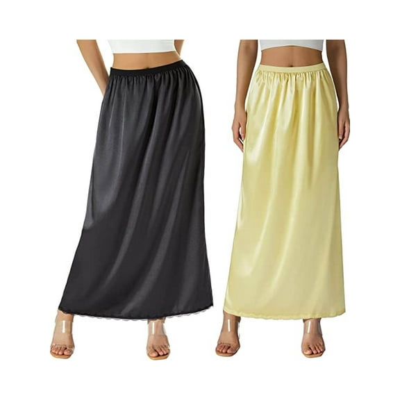 Springcmy Satin Half Slip for Women Under Dresses Plus Size Solid Color Long Underskirt Lace Trim Elastic Waist Maxi Slip Skirt