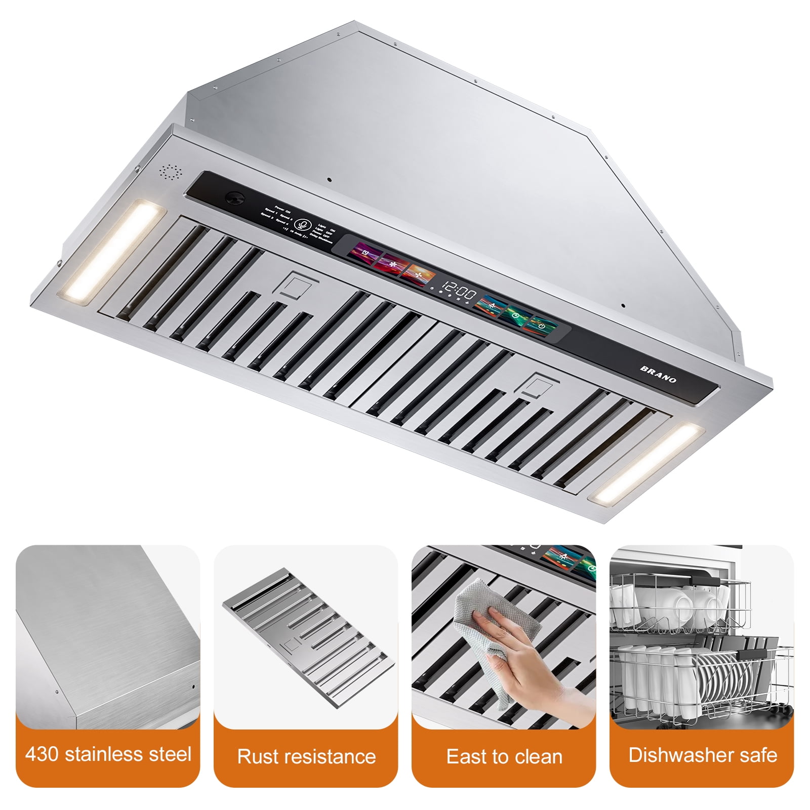 BRANO 36 Inch Stainless Steel Range Hood Insert,900 CFM Smart Voice/Gesture/Touch Control,with 4 Speed Exhaust Fan