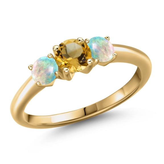 Gem Stone King 18K Yellow Gold Plated Silver Yellow Citrine and Simulated White Opal Engagement Ring for Women | 0.95 Cttw | Round 5MM | Gemstone November Birthstone | Size 8