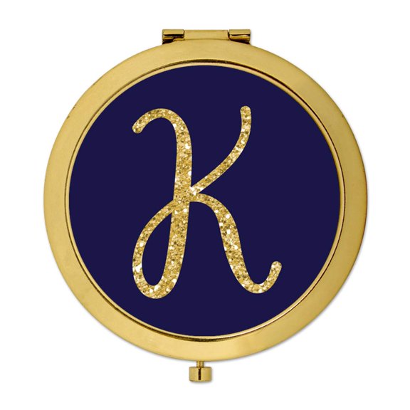 Koyal Wholesale Gold Compact Mirror Bridesmaid's Wedding Gift, Navy Blue | Faux Gold Glitter, Monogram Letter K, 1-Pack