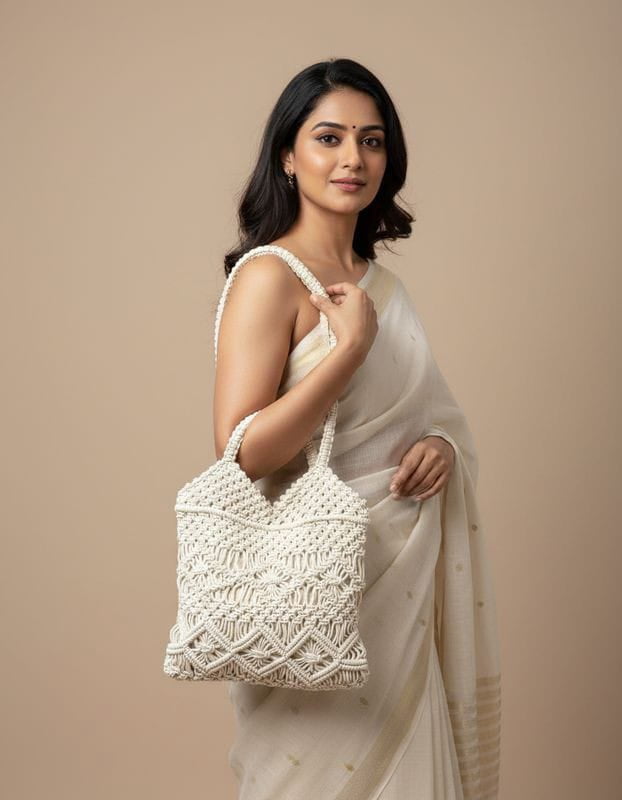 Fibre Gold Handwoven Macrame Tote Bag for Women | Cotton Eco-Friendly Shoulder Handbag