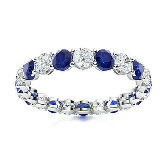 Eternity 3MM Round Blue Sapphire Women Valentines Day Gifts Stackable Ring 925 Sterling Silver