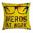 thumbnail image 1 of Retro Throw Pillow Cushion Cover, "Nerds at Work" Grunge Fictional Sign Glasses Hazard Stripes Work Hard Theme, Decorative Square Accent Pillow Case, 18 X 18 Inches, Yellow Black Green, by Ambesonne, 1 of 2