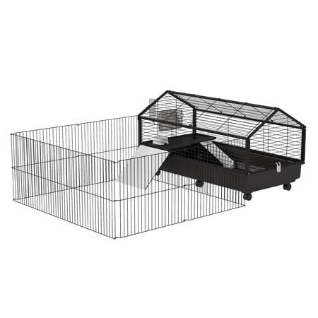 Small Animal Playpen Cage, Rolling Caster Bunny Cage 46.5", Indoor Guinea Pig Habitat, Hedgehog Cage with Water Bottle & Ramp
