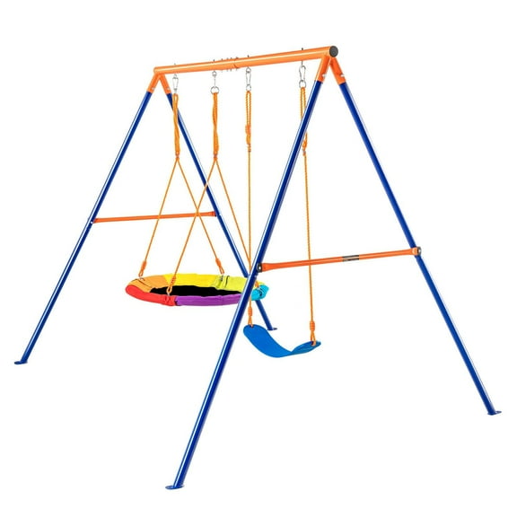 A-Frame Metal Swing Set with Saucer and Belt Swing for Outdoor Backyard Use