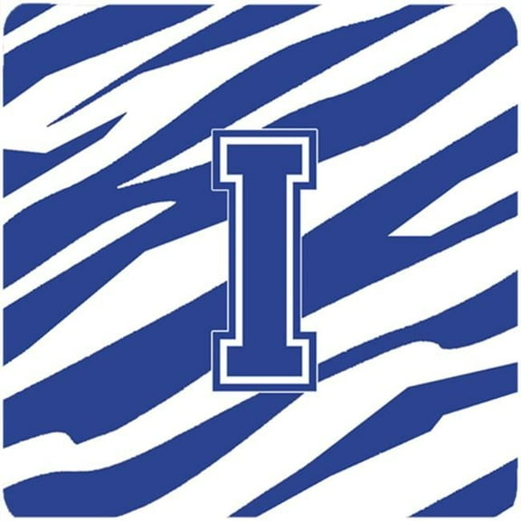 Set of 4 Monogram - Tiger Stripe Blue and White Foam Coasters Initial Letter I