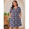 thumbnail image 4 of SHOWMALL Plus Size Short Sleeve Summer Dress for Women, Mother's Day Self-Care Gift, Tricolor Blossoms 3X Trendy Strappy Neckline Dress with Pockets for Party, 4 of 7