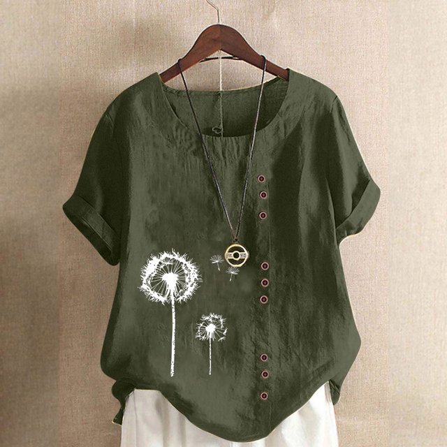 Lydiaunistar Women's Spring Tops Plus Size Casual Round-Neck Printed Short Sleeve Button-Up Blouse T-Shirt Polyester Lightweight for Summer Army Green