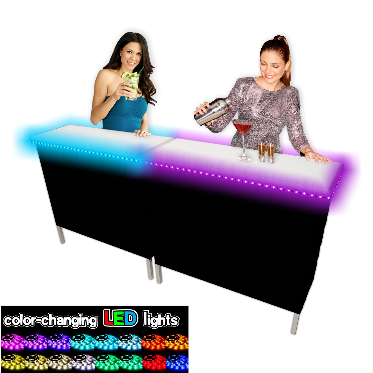 Portable Folding Party Bar with LED Lights and Black & Hawaiian Bar Skirts,  39 inches - Double Set 