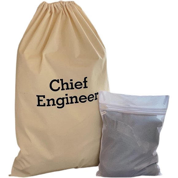 SB - CHIEF ENGINEER - YACHT CREW COTTON LAUNDRY BAGS, YACHT POSITIONS SILK-SCREENED + YACHT POSITION LABELLED MESH LAUNDRY BAG , BIODEGRADABLE