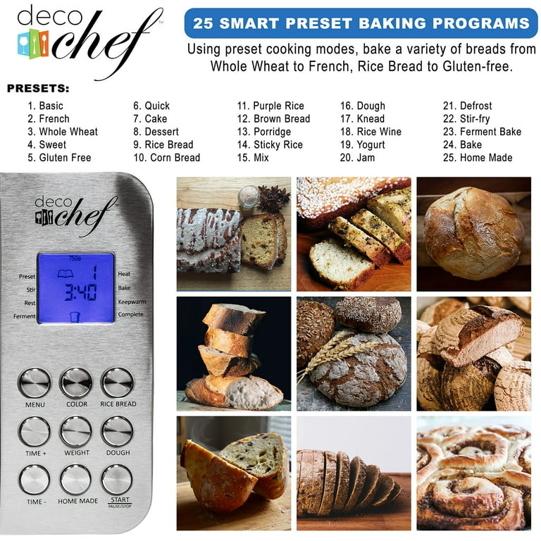 Deco Chef 2 lb Stainless Steel Bread Maker with 25 Smart Cooking Programs and Accessories