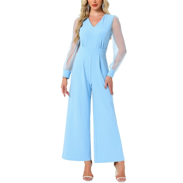 Inspire Chic Conjunto Mono para Mujeres, Escote en V, Manga Larga de Malla, Pantalones Anchos, Ropa de Fiesta, Talla M, Azul Claro