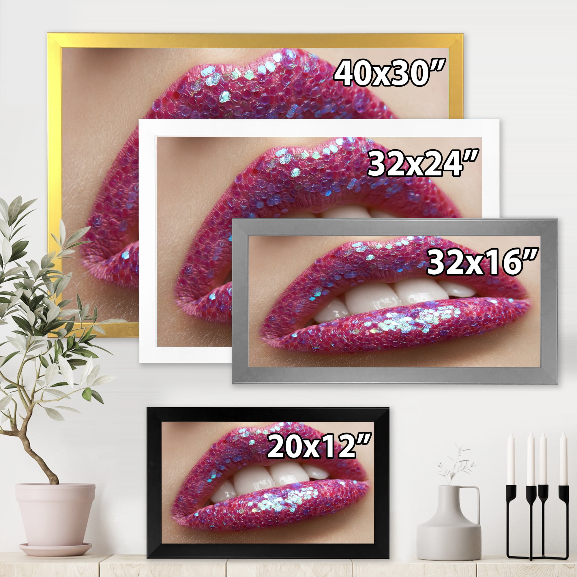 Designart 'Girl Lips Pink Lipstick and Sequins' Modern Framed Art Print