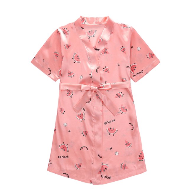 Qudderr Kids Baby Silky Satin Kimono Robe Solid Color Printing Bathrobe for Girls Boys Spring Fall Short Sleeve Night-Robe Toddler Soft Unisex Sleepwear for 1-7 Years