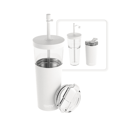 

Asobu Marina 2 in 1 Tritan Tumbler with Stainless Steel Sleeve For Iced Coffee and Hot Tea with Flexi Straw Lid and Leak Proof Flip Open Hot Lid 28oz (White)