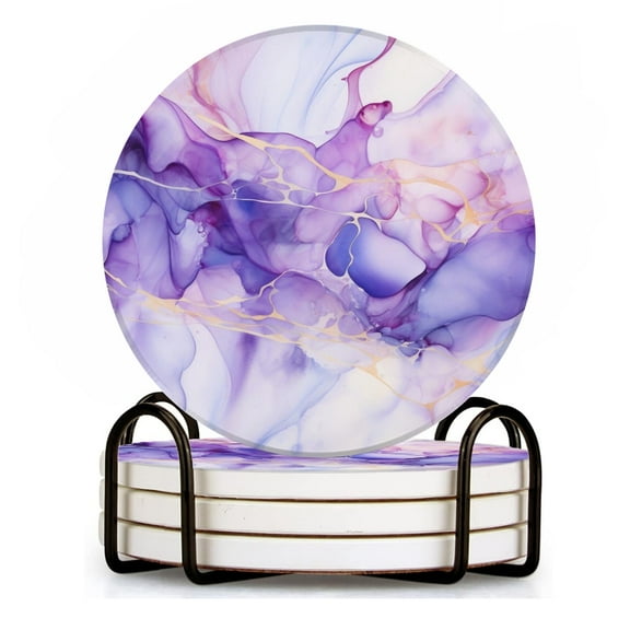 BaHomeck Drink Coasters Set of 4 with Holder ink abstractions with violet and light blue color Water Absorbent Ceramic Coasters Tabletop Protection,Suitable for Various Cup ,Home Decor