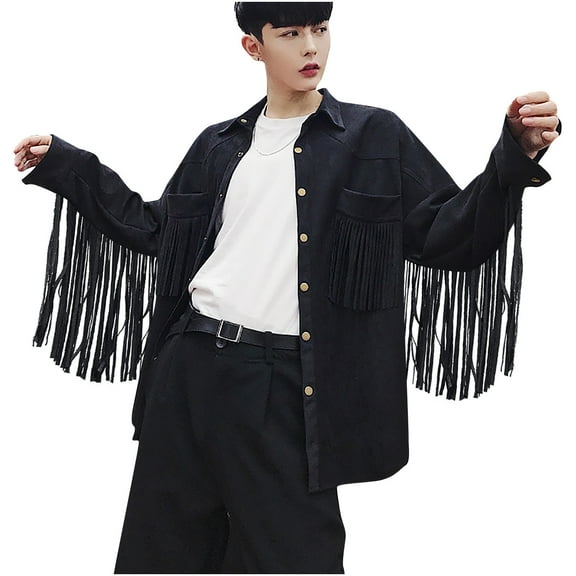 FRSASU Men Blouse Youth Popularity Single-Breasted Tassel Cardigan Long Sleeve Turndown Shirt Blouse