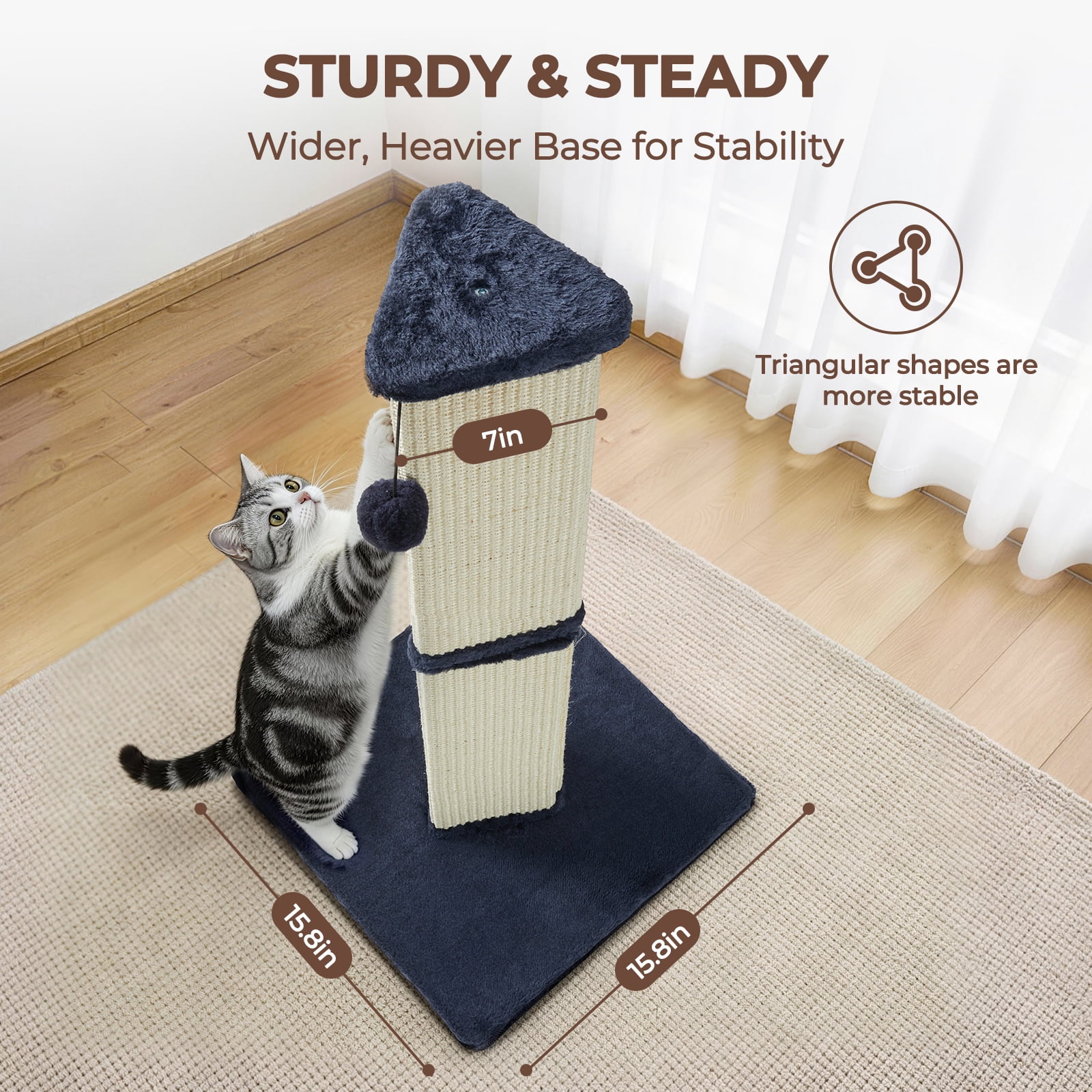 32" Tall Natural Sisal Cat Scratching Post for Indoor Sturdy Cat Scratcher with Plush Large Base, Green