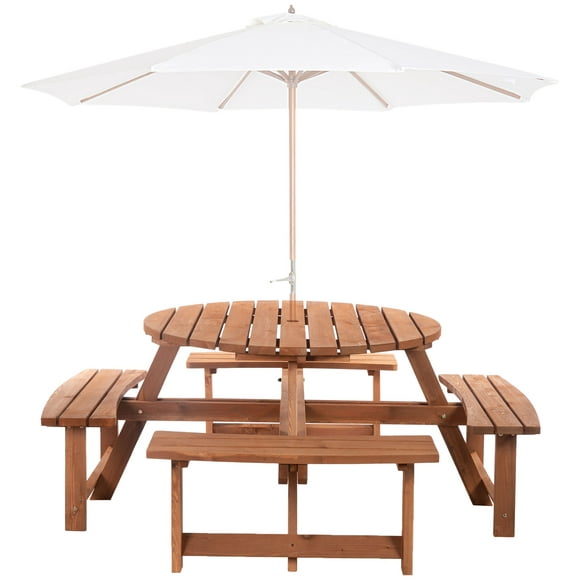 Outsunny Wooden Patio Dining Set for 8 Persons, Outdoor Table and Chairs Set with 4 Double Bench & Round Picnic Table, Φ70.1" x 27.6" H (Φ178x 70 cm), Brown