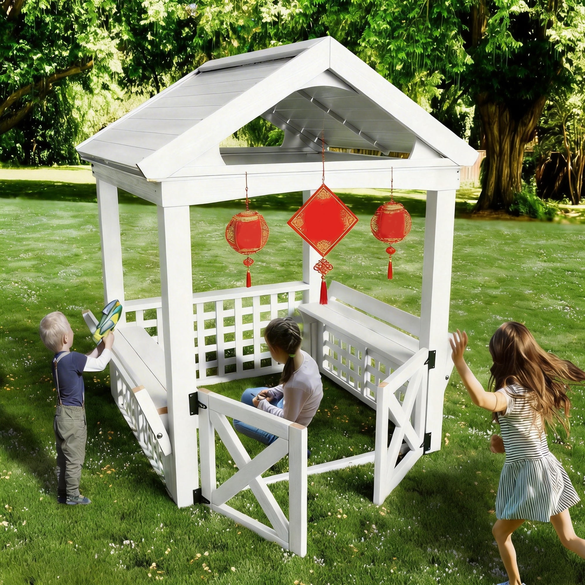 Wooden Outdoor Kids Playhouse with Bench Roof Doors Rustic Garden Backyard Children's Clubhouse