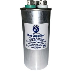 Appli Parts Dual Run Capacitor 35 10 Mfd uF microfarads 370 VAC Round 5-1/4 in High 2 in Wide CON-35/10-370-R Appli Parts Dual Run Capacitor 35 10 Mfd uF microfarads 370 VAC Round 5-1/4 in High 2 in Wide CON-35/10-370-R