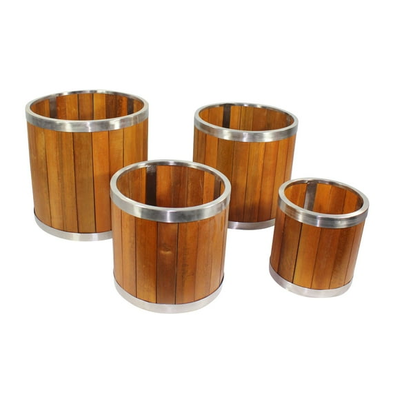 Leisure Season 14" Round Wood Planter with Stainless Steel Trim in Medium Brown